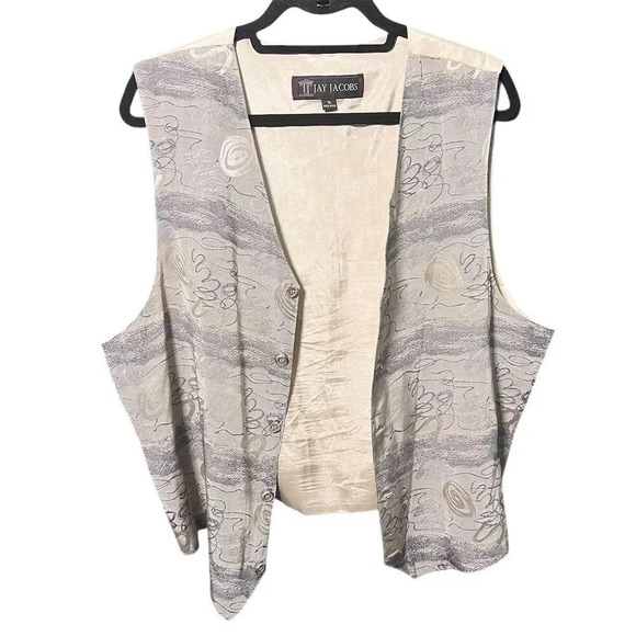 Unisex Silver Geometric Formal Vintage Silk Vest XL V-Neck Button Closure - Picture 2 of 9